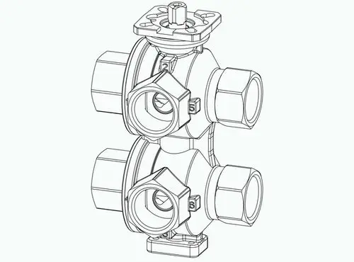 6-Wege-Ventil mit Innengewinde, gefertigt von IMI Hydronic Engineering. Die Darstellung zeigt die Konstruktion und Anschlussmöglichkeiten des Ventils.